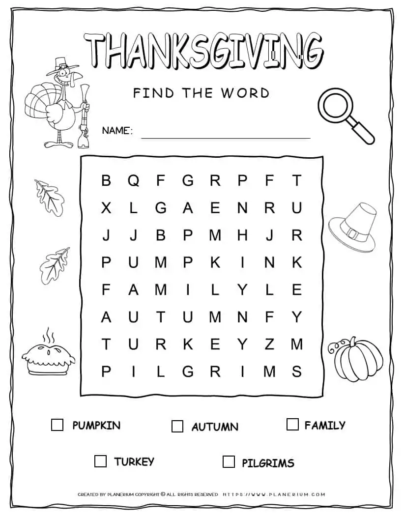 Printable Thanksgiving word search with five words for kids