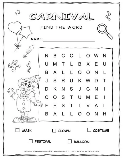 Carnival Word Search for Kids