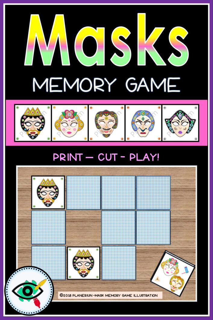Purim masks memory game with printable mask cards, print cut and play matching game for kids and classroom activities.