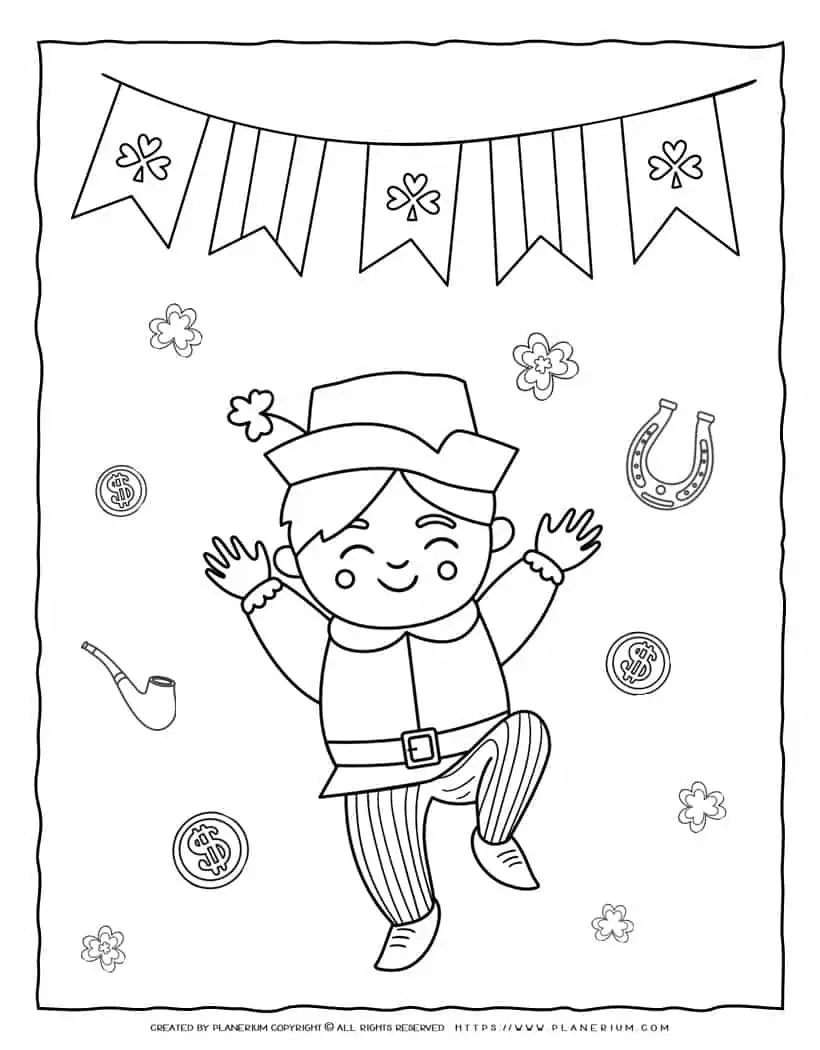 St. Patrick's Day - Coloring Page - Happy Boy Dancing | Planerium