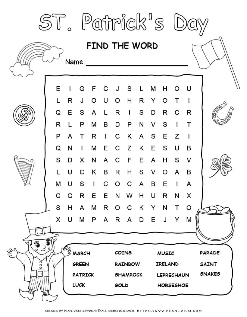 Printable St. Patrick's Day word search with fifteen words for kids