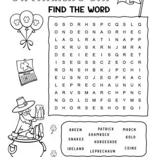 Printable St. Patrick's Day word search with ten words for kids