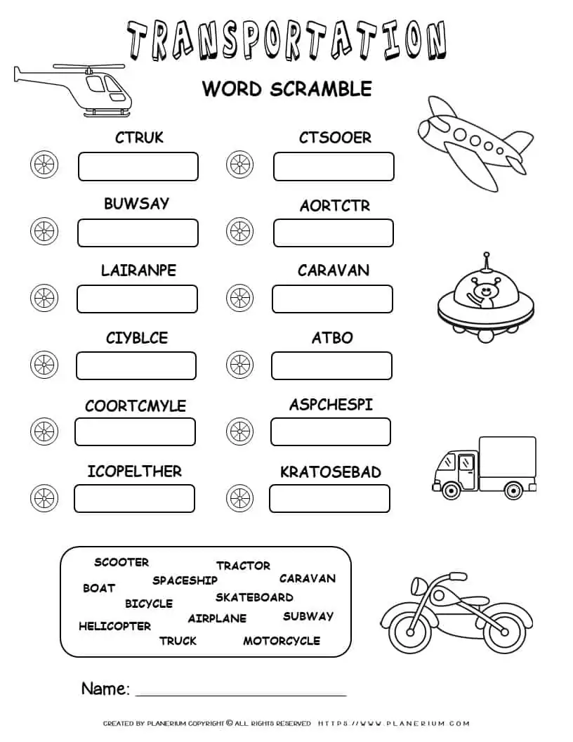 Transportation Scramble Words | Planerium