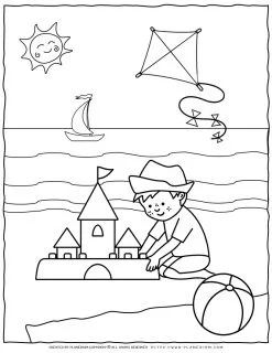 Beach Coloring Page - Boy Building Sandcastle | Planerium