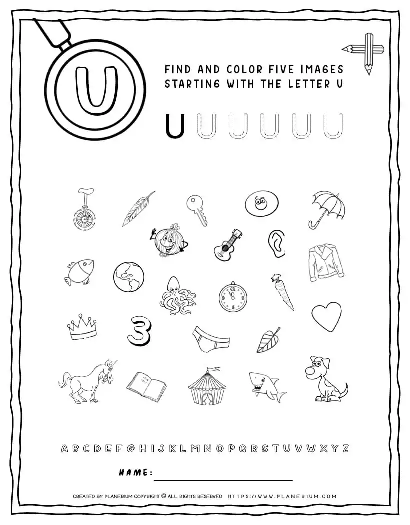 English Alphabet Worksheet - U Letter | Planerium