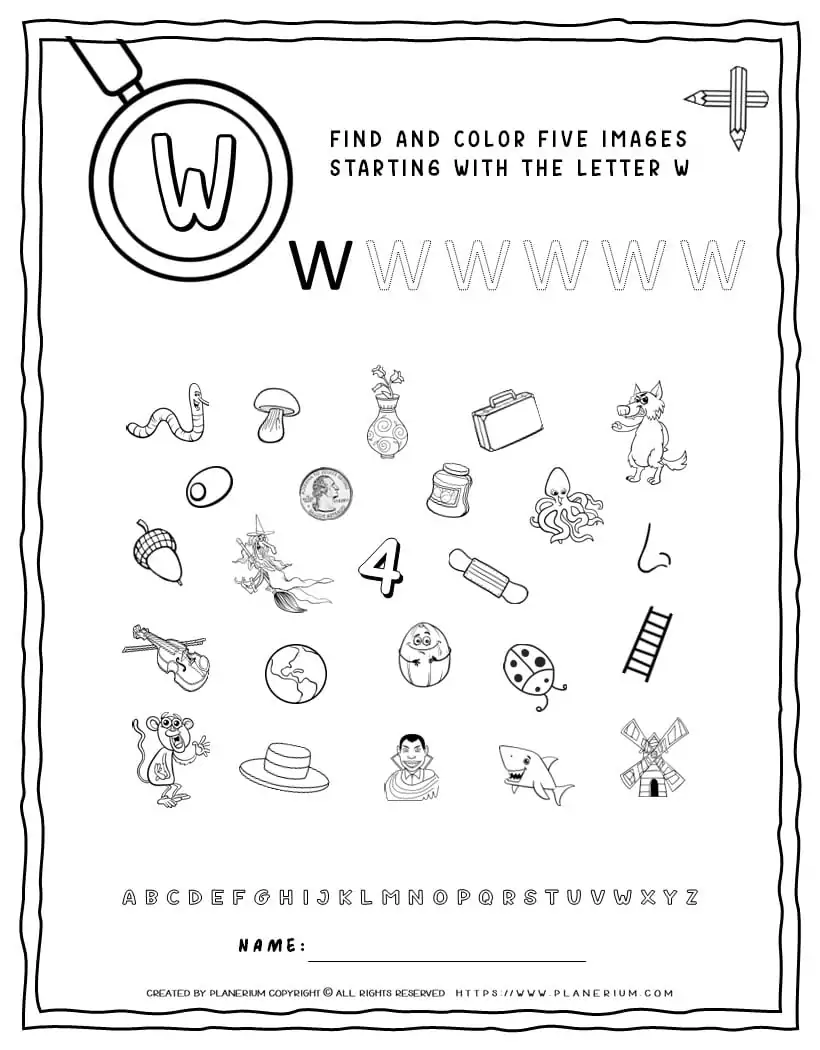 English Alphabet Worksheet - W Letter | Planerium