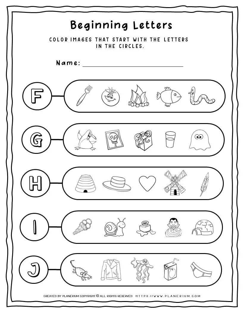 English Alphabet - Beginning Sounds: F, G, H, I, J Coloring Worksheet ...