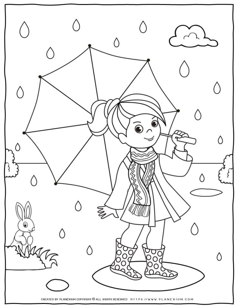 Fun Fall Coloring Page for Kids – Girl with Umbrella in Rain