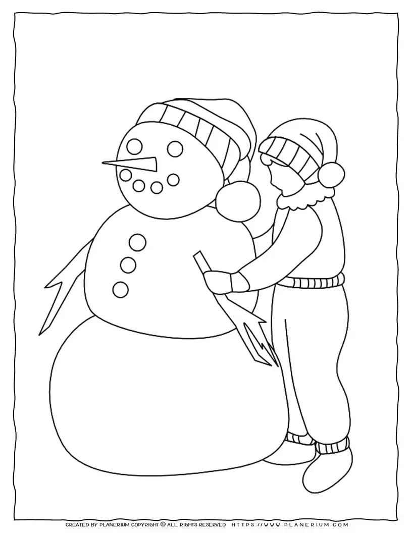 Winter Coloring Page - Snowman And Kid | Planerium