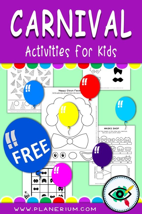 Carnival worksheets and games printable pack for elementary students, including matching games, puzzles, and classroom activities
