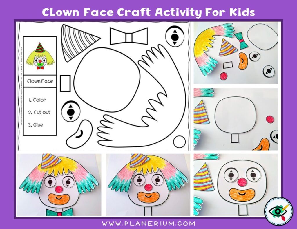 Clown face craft activity collage showing step by step printable template for kids, cut and glue carnival craft for classroom use.