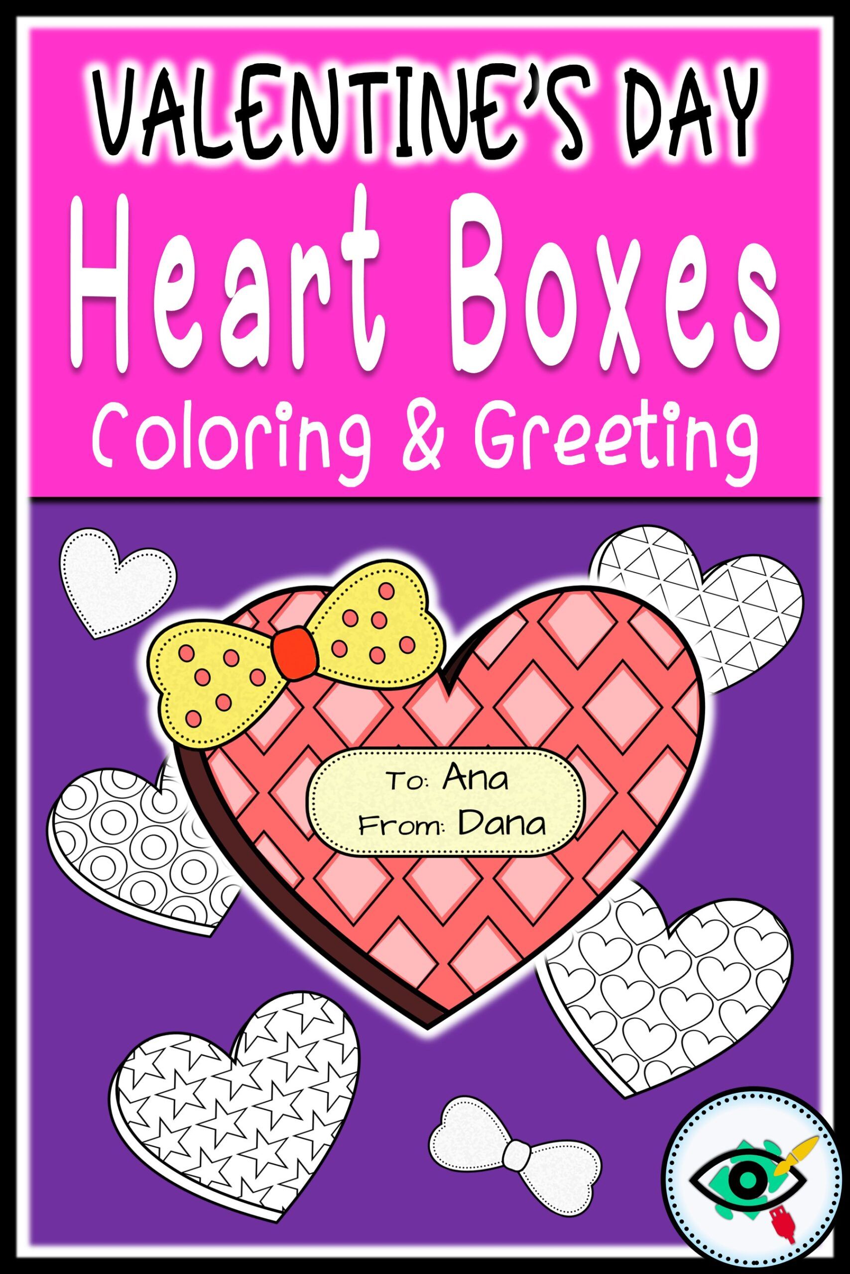 Valentine’s Day heart boxes coloring and greeting activity with printable heart box templates for kids.