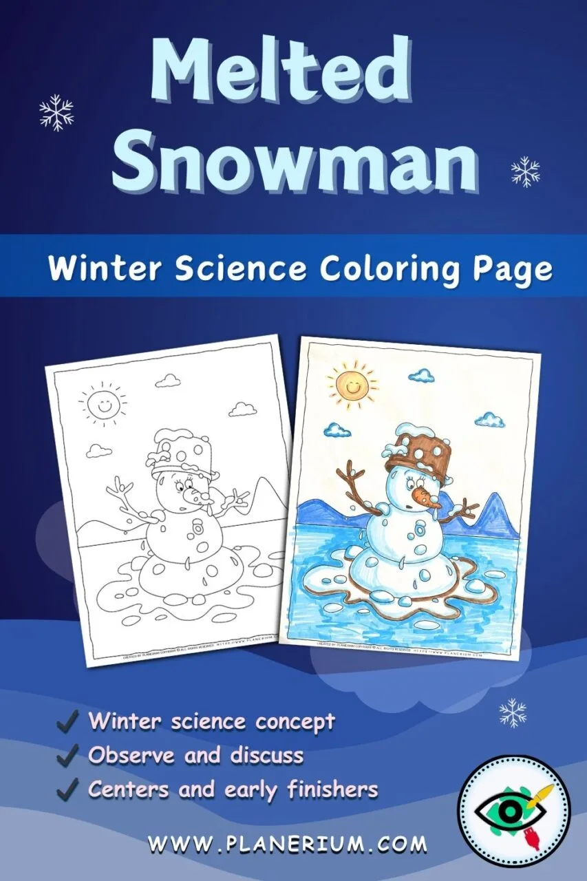 Melted snowman winter science coloring page used for observation, discussion, and classroom centers in elementary grades