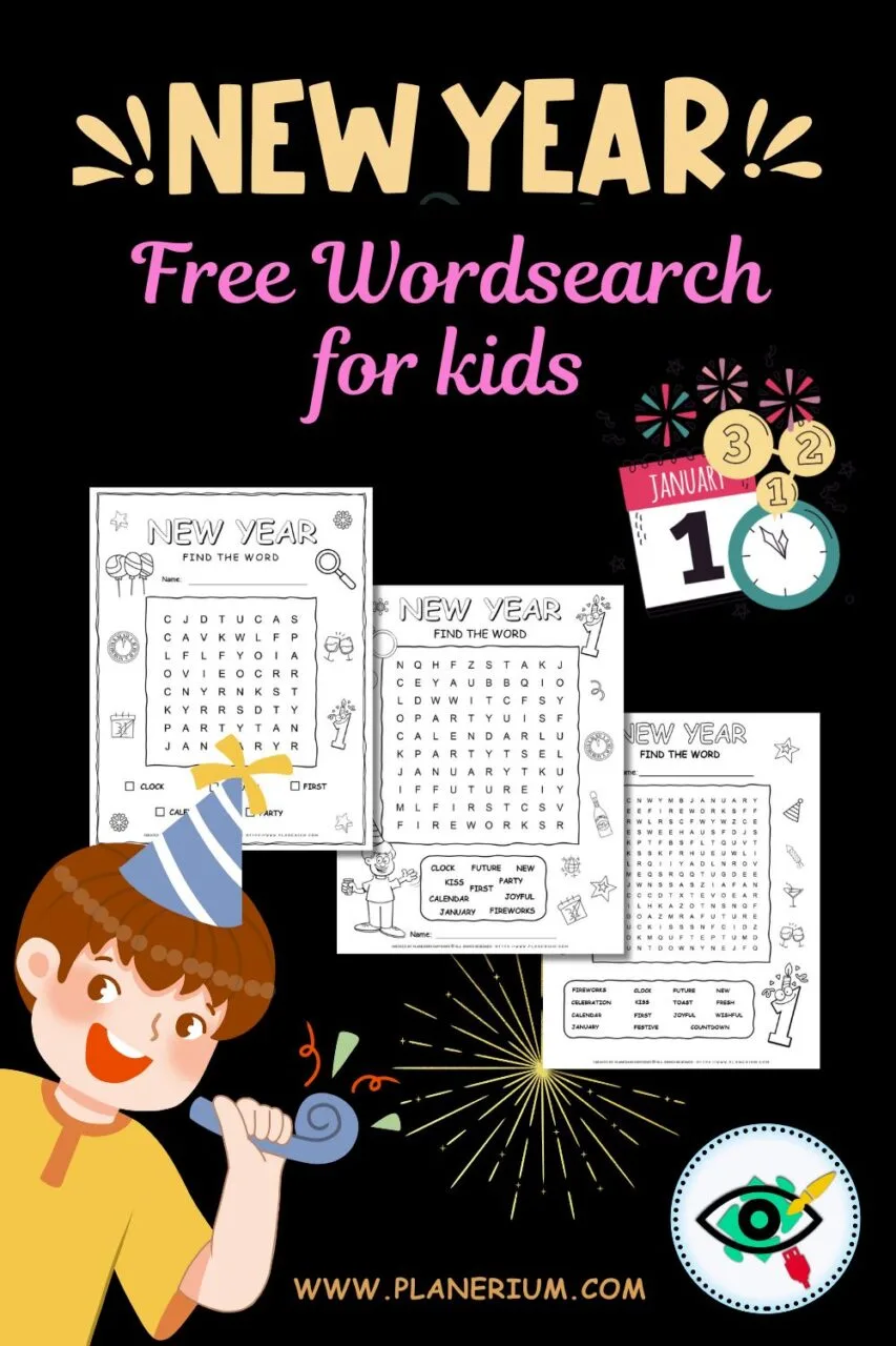 Free New Year word search puzzle for kids with printable vocabulary activity, perfect for classroom fun and early finishers.