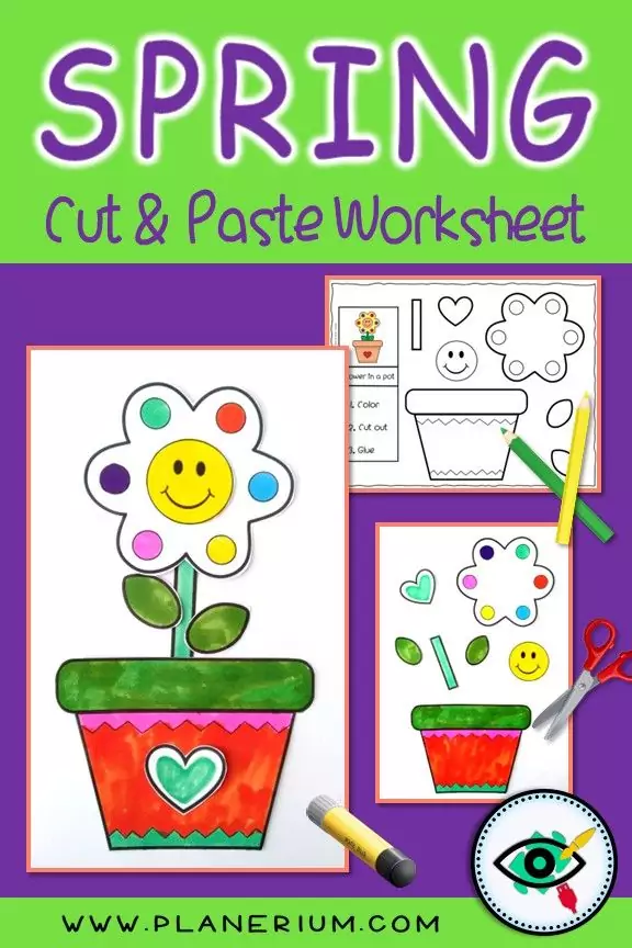 Spring cut and paste worksheet for young learners with flower in a pot craft, printable scissors and glue activity for kindergarten.