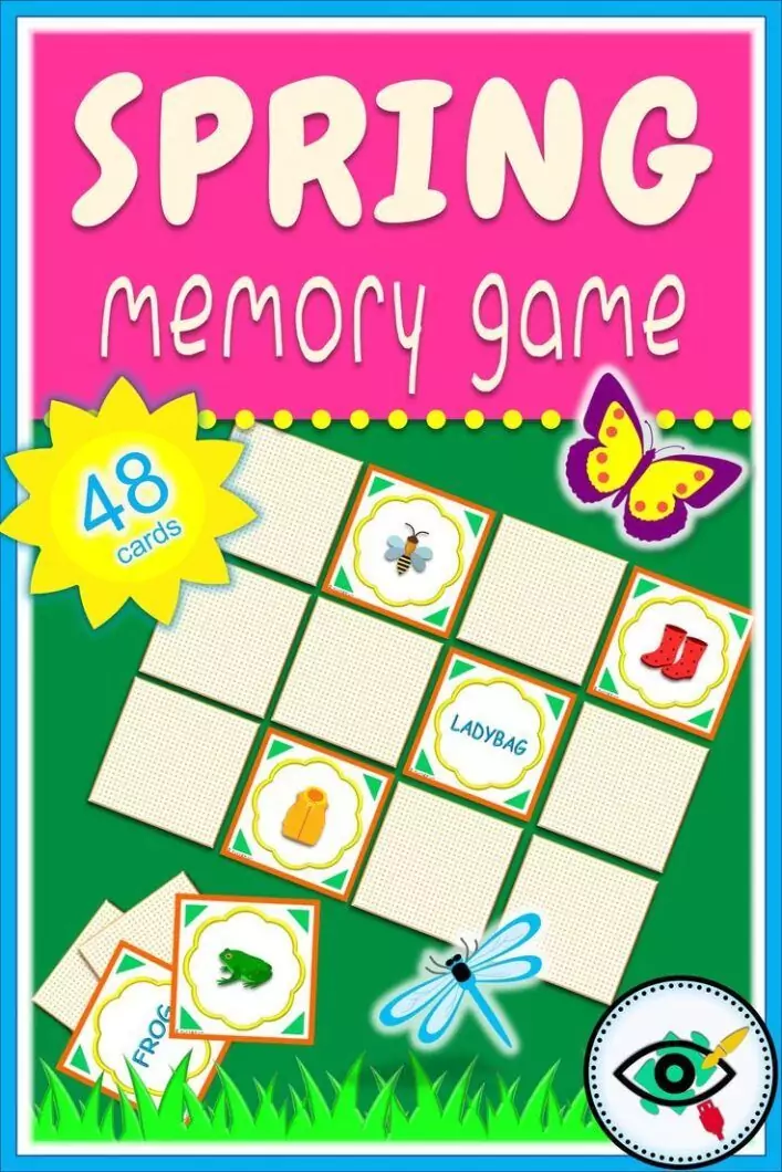 Spring memory game for kids with printable matching cards featuring flowers, insects and spring symbols, classroom game for early learners.