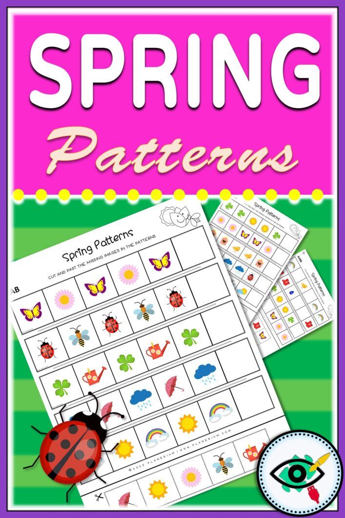 Spring patterns worksheets for kids with colorful nature icons, printable math and pattern recognition activities for early learners.