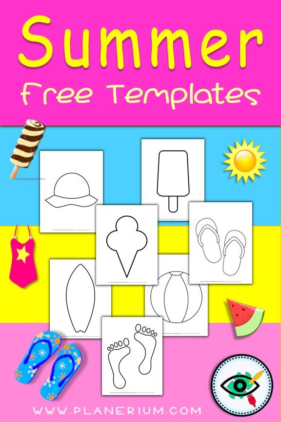 Summer free templates printable for kids with simple outline shapes including ice cream, hat, flip flops, swimsuit, sun, beach ball, footprints, and surfboard for arts and crafts activities.