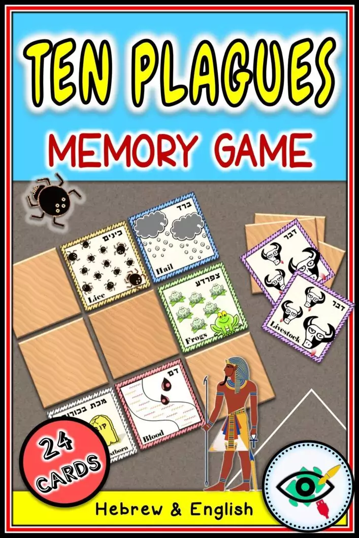 Ten Plagues memory game for kids with printable matching cards in Hebrew and English, Passover learning activity based on the Exodus story.