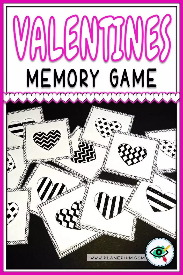 Valentine’s Day memory game with printable heart matching cards, fun holiday game for kids and classroom activities.