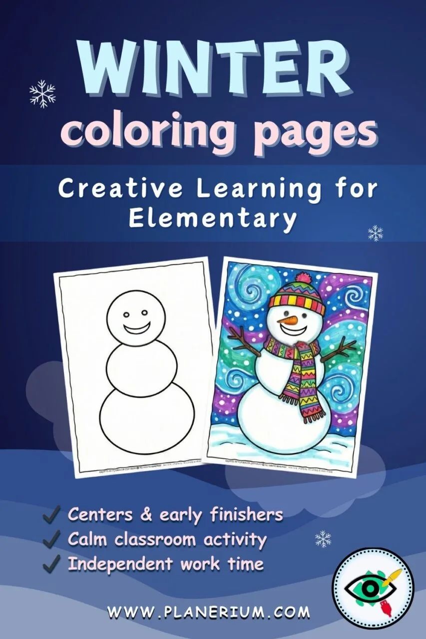 Winter coloring pages for elementary showing a snowman coloring activity for calm classroom and independent work time