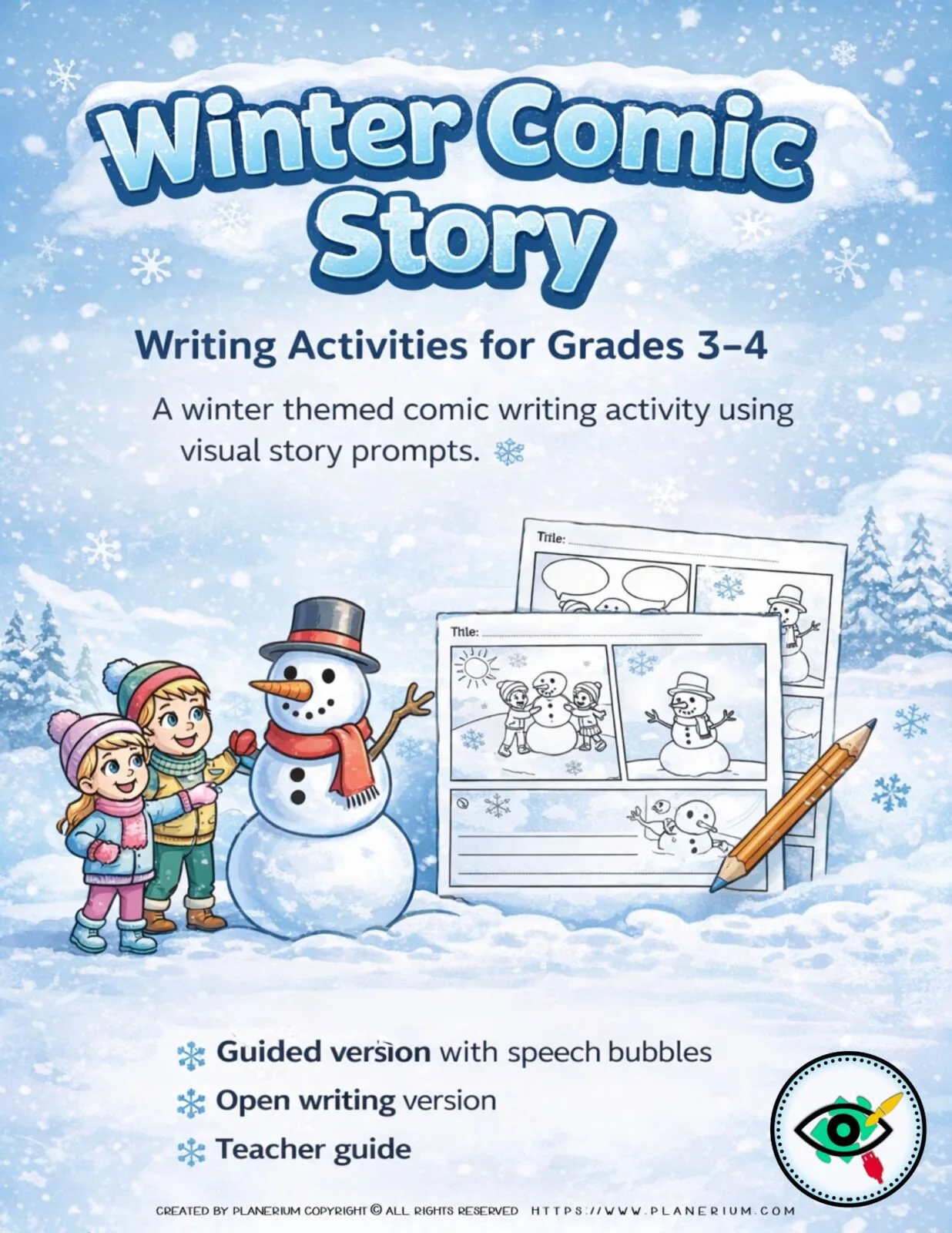 Winter comic writing activity for grades 3–4 featuring a snowman story with visual prompts for narrative writing and sequencing