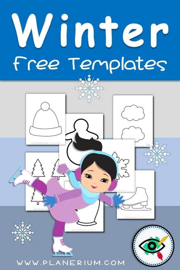 Free winter templates for crafts featuring printable outline shapes like hats, trees, clouds, and winter clothing for elementary students