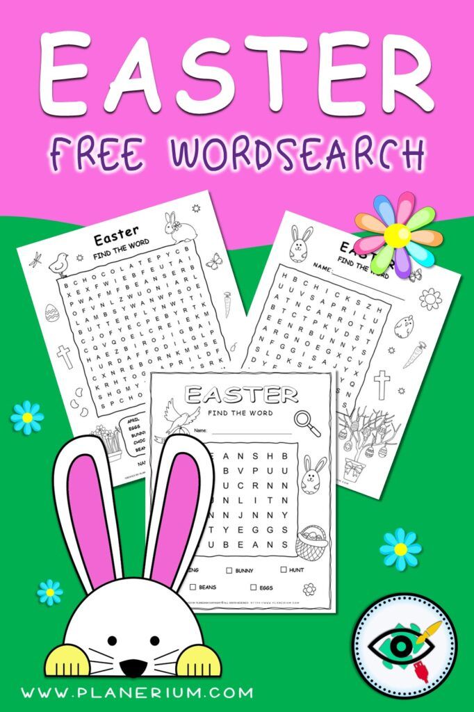 Free Easter word search puzzles for kids with printable spring themed vocabulary activities for classroom and home use.