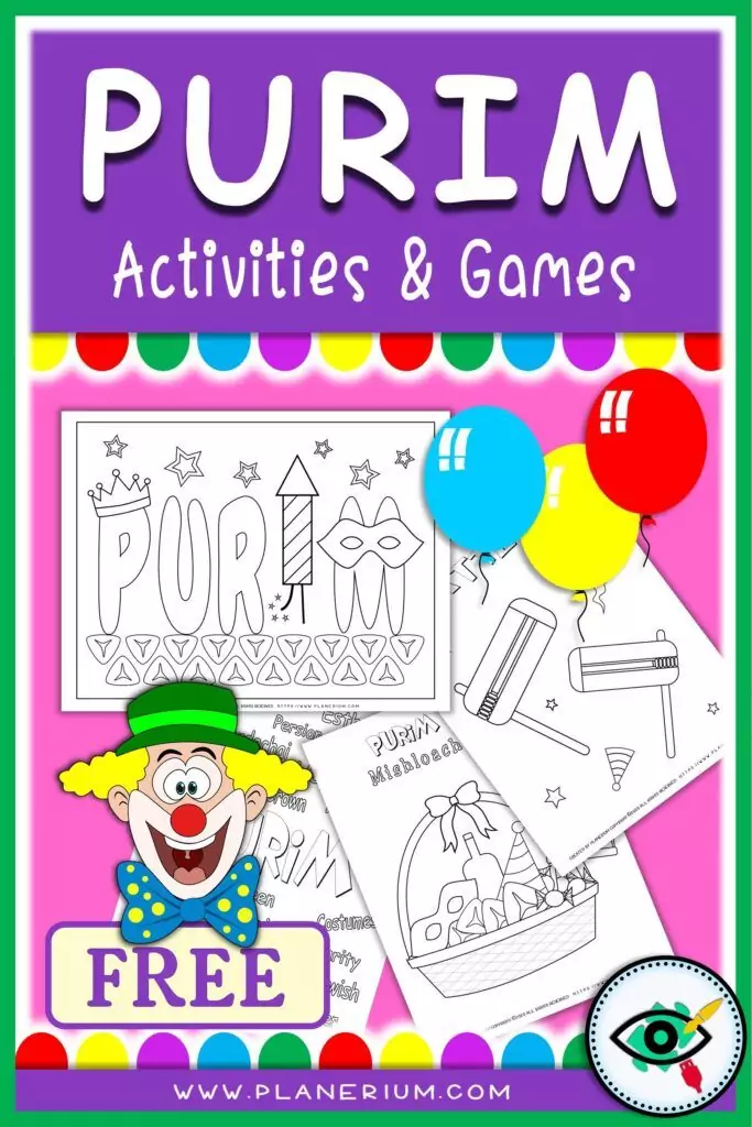 Free Purim activities and games for kids with printable worksheets, coloring pages and festive classroom activities.