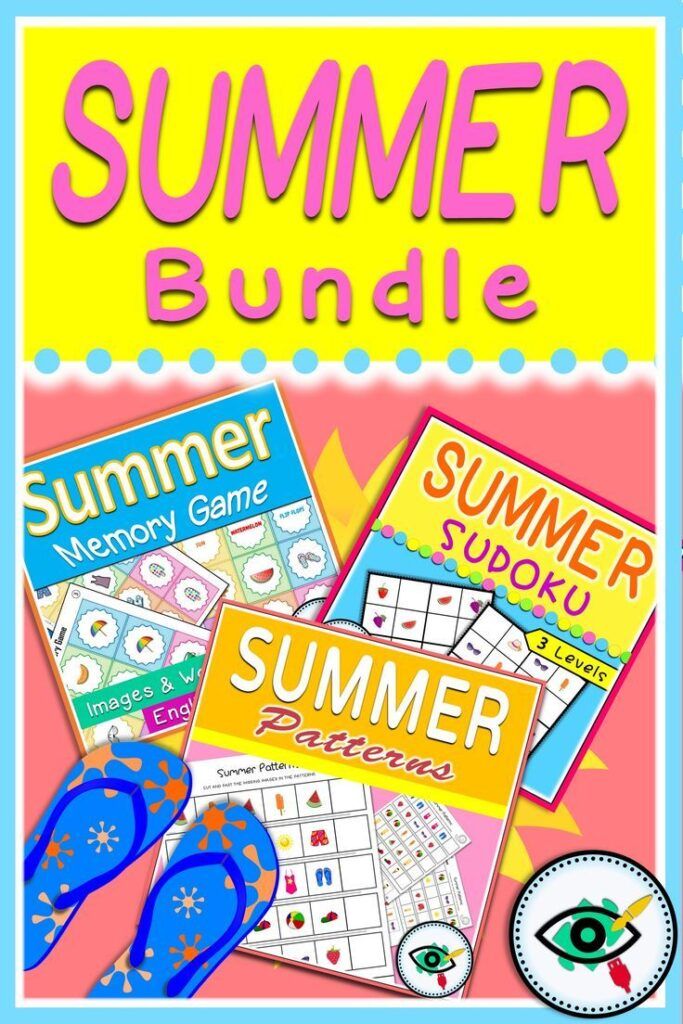 Summer activities bundle for kids with printable games including memory game, sudoku, and pattern worksheets. Premium paid summer printable pack for elementary students and classroom use.