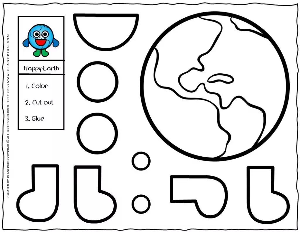 Printable Happy Earth cut and glue craft with 10 pieces, visual instructions, and colored example for kindergarten Earth Day