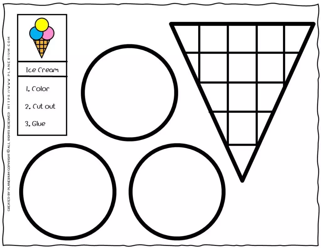 Free printable ice cream cut-and-glue craft worksheet with three scoops for K–2 students