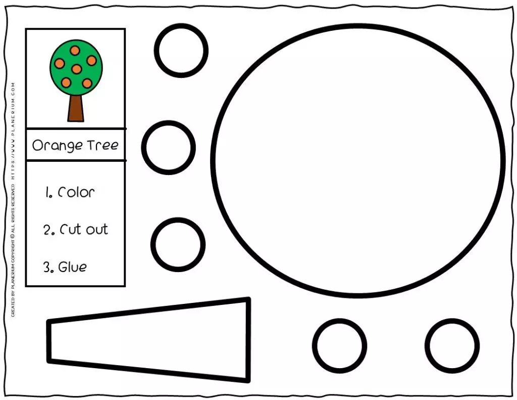 Free printable orange tree cut-and-glue craft for Kindergarten through 2nd grade plant and fruit units