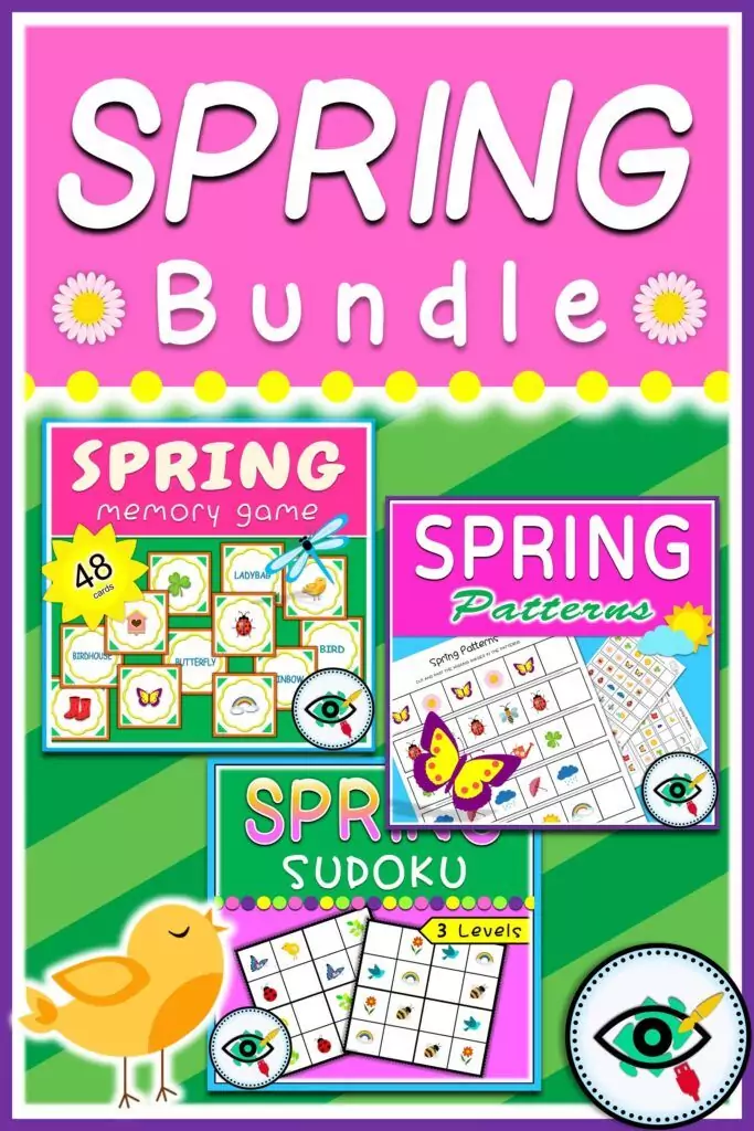 Spring activities bundle for kids with printable memory game, patterns worksheets and sudoku puzzles, seasonal learning resources for classroom use.