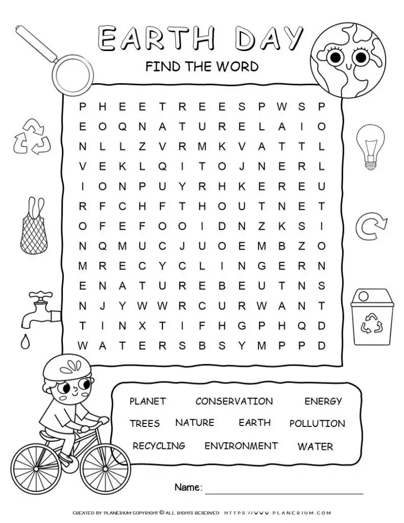 Earth Day Word Search for Kids with 10 Words