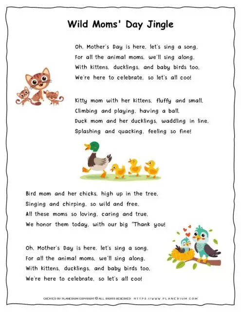 Mother's Day Song for Kids - Wild Moms Free Printable Lyrics with Animal Moms and Their Kids