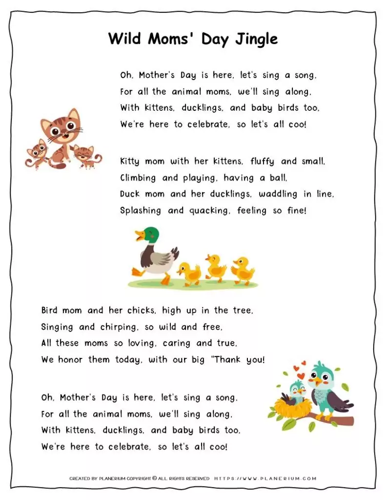 Mother's Day Song for Kids - Wild Moms Free Printable Lyrics with Animal Moms and Their Kids