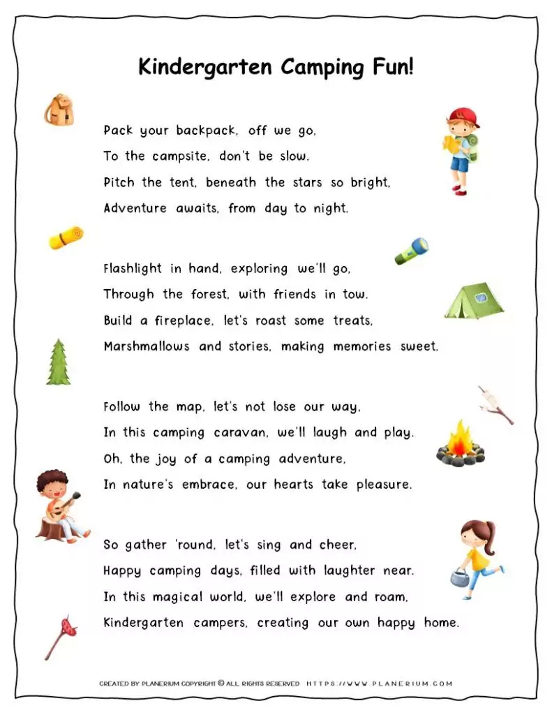 Kindergarten Camping Fun!" Song Lyrics Printable for Kids.