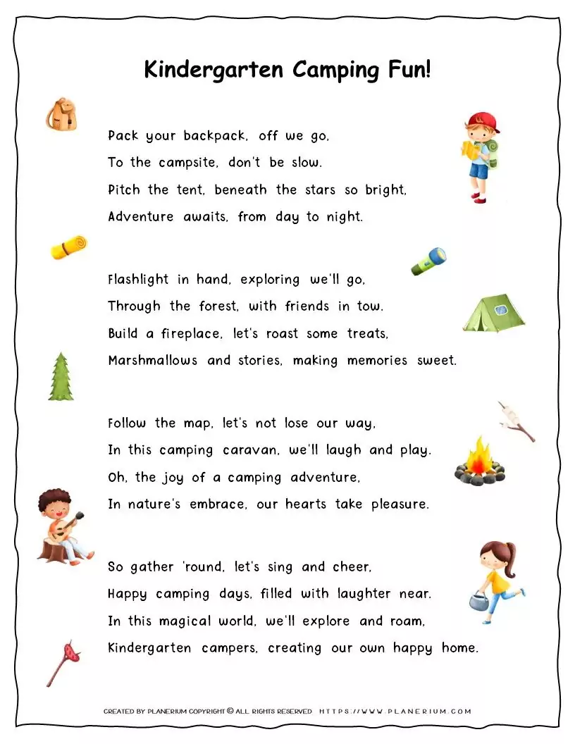 Kindergarten Camping Fun!" Song Lyrics Printable for Kids.