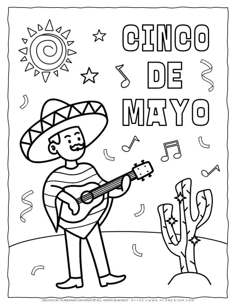 Cinco de Mayo Man with Guitar Coloring Page for Kids