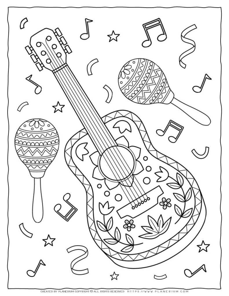 Celebrate Cinco de Mayo with Our Guitar and Maracas Coloring Page