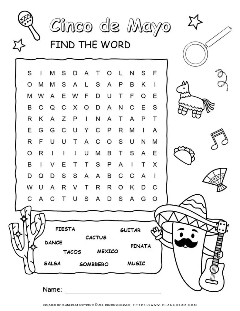 Cinco de Mayo Word Search for Kids with Ten Words