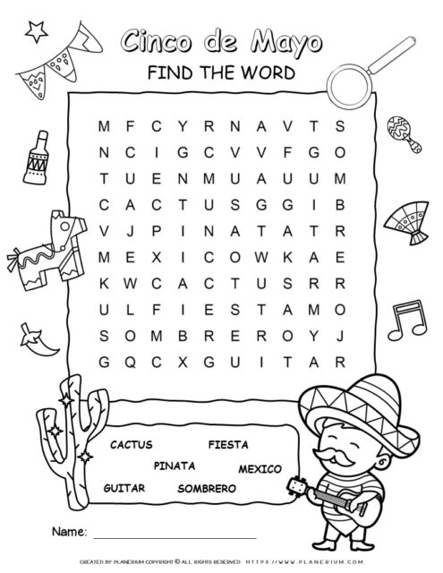 Fun Cinco de Mayo Word Search Puzzle for Young Kids - 6 Words