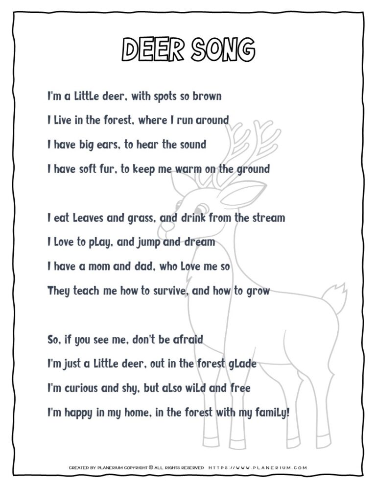 Deer Song for Kids Printable Lyrics - Sing and Learn!