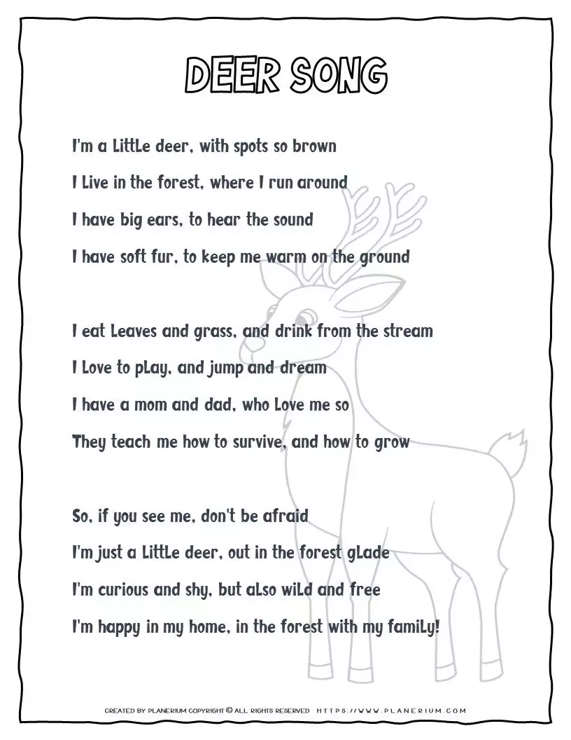 Deer Song for Kids Printable Lyrics Sheet