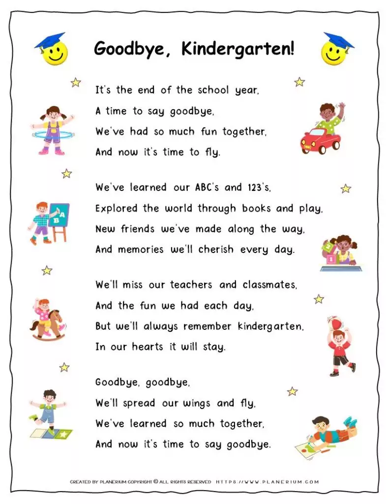 Printable End-of-School-Year Goodbye Song for Kindergarten Students
