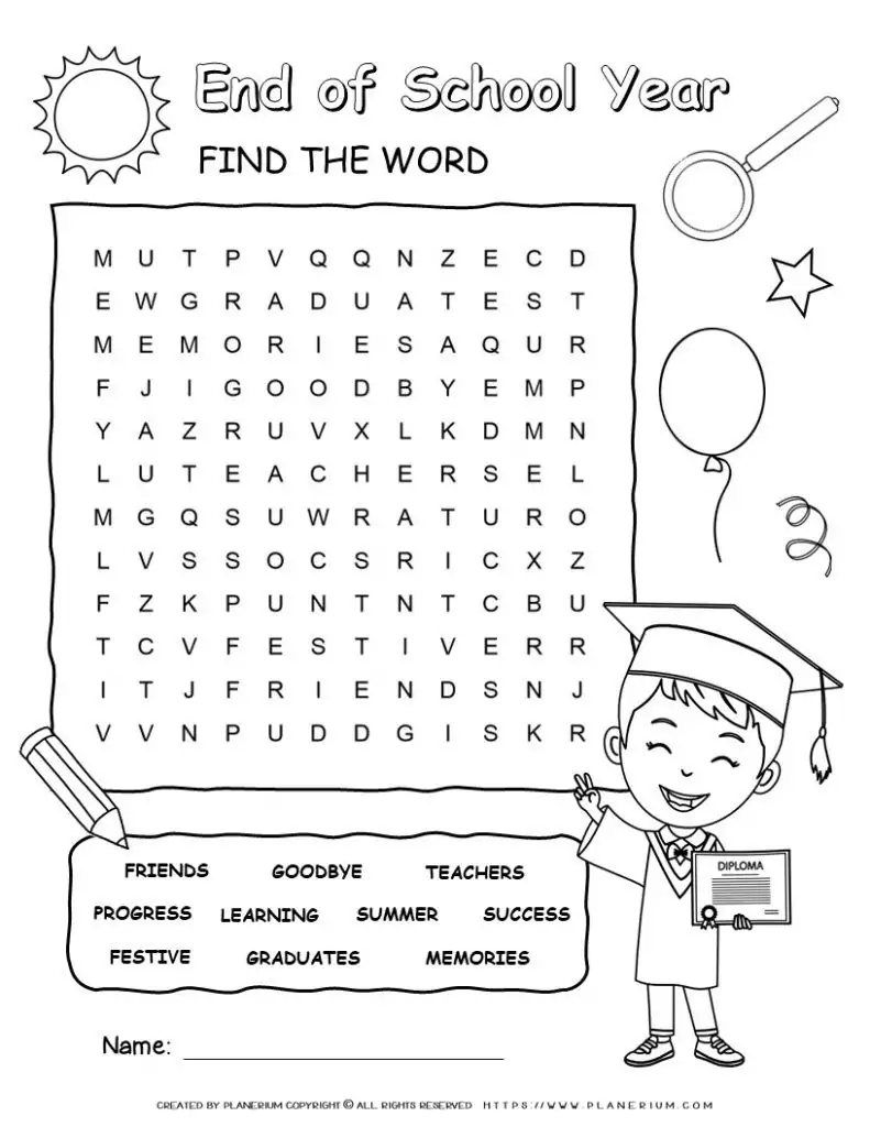End of School Year Word Search for Kids with 10 Words