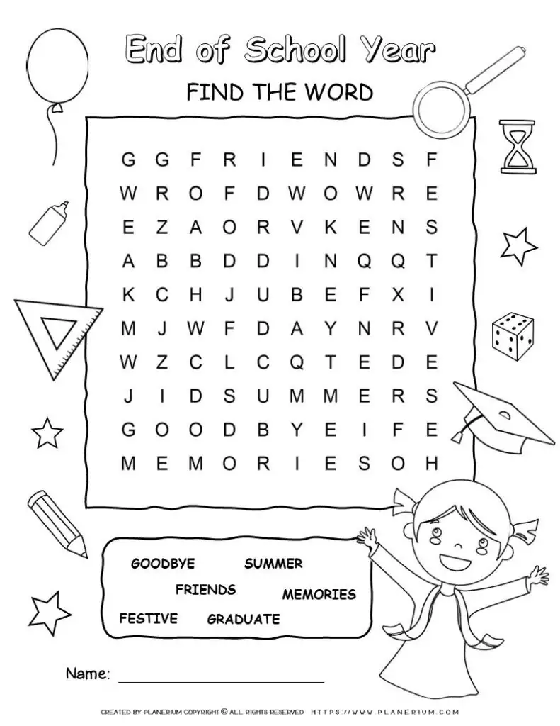 End of School Year Word Search for Kids with 6 Words - Black and White Illustrations