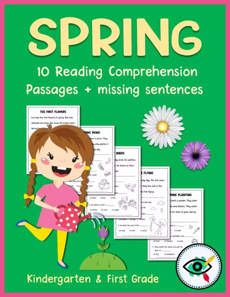 Spring reading comprehension passages for kids with short texts and missing sentence activities, printable worksheets for kindergarten and first grade.