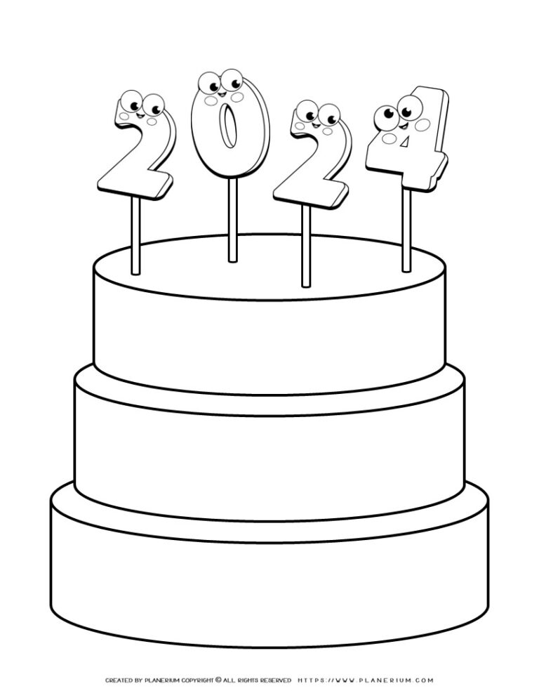 New Year Cake 2024 Coloring Page Planerium   2024 Cake Coloring Page Planerium 768x994 